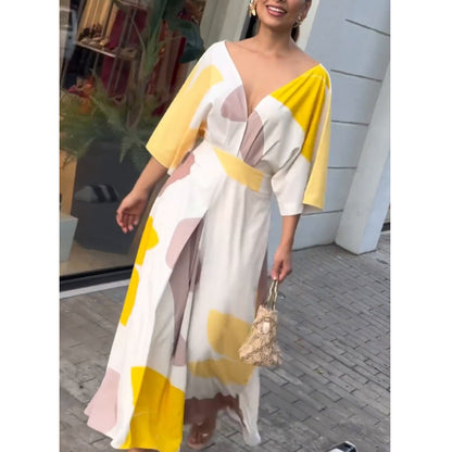 Ropa de mujer Primavera Verano Vestido de cintura alta con cuello en V Estampado Mujer