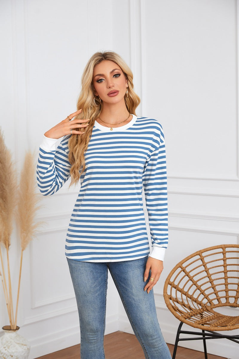 Women Clothing Striped Pattern round Neck Long Sleeve Casual Sweatshirt Top for Women