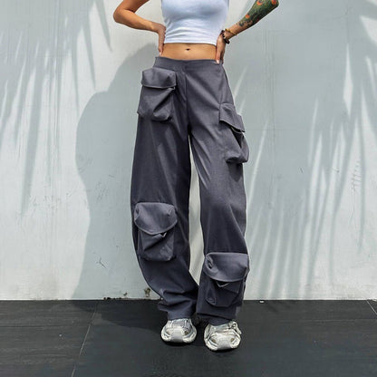 Spring Niche Design High Waist Slimming Straight Pants Women Trendy Pocket Decorative Overalls