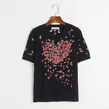 Camiseta Mujer Primavera Verano Bordado Mariposa Fino Cuello Redondo Suéter De Manga Corta