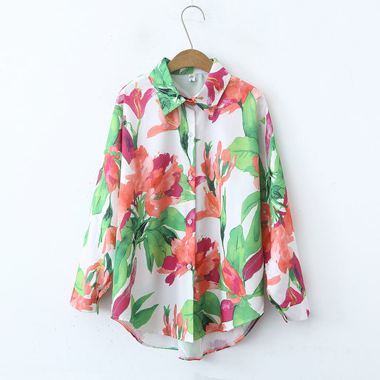 Women Long Sleeves Floral Print Loose Collared Long Shirt