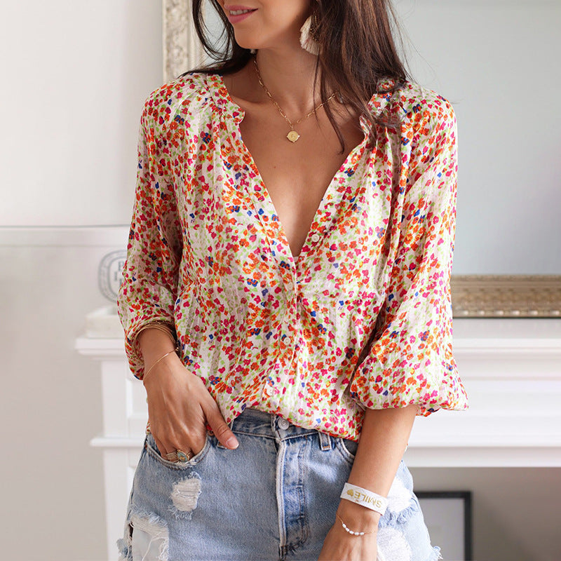 Shiying Floral Print Low V-neck Pullover Shirt Women Spring Autumn Loose Long Sleeve Bohemian Shirt