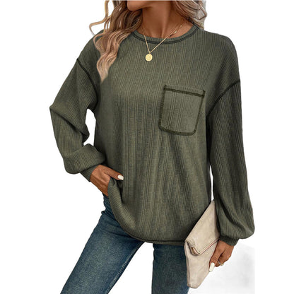 Women Women Sunken Stripe Brushed Solid Color Round Neck Pocket Casual Loose Fitting T Shirt Women