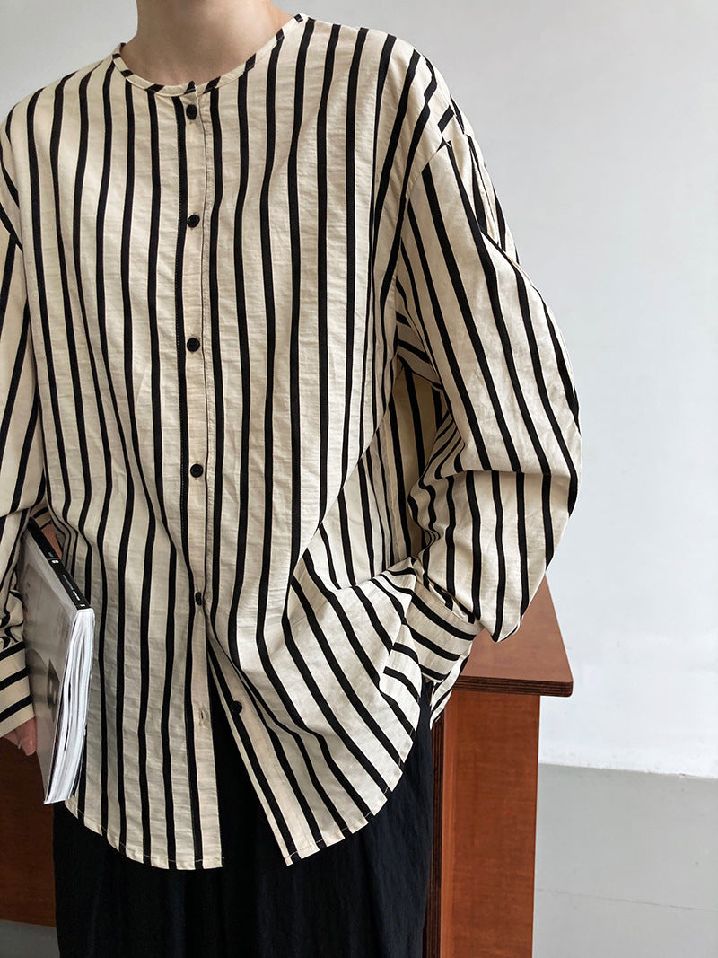 Spring French Casual round Neck Striped Shirt Women Lazy Loose Long Sleeve Blogger High Grade Shirt
