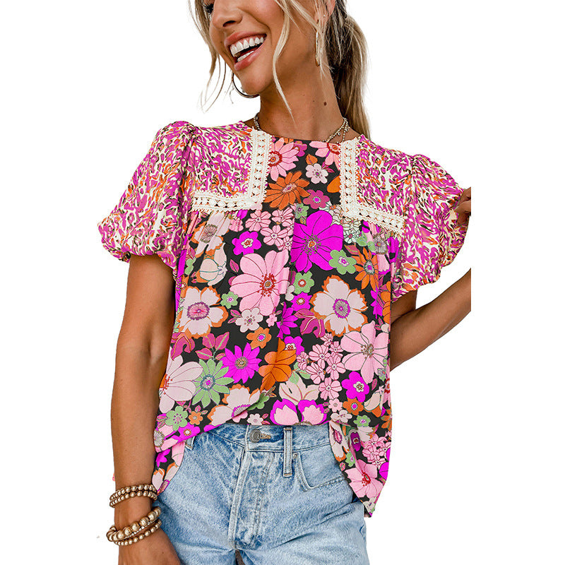 Camisa fina de gasa multicolor para mujer, top con mangas abullonadas para primavera y verano