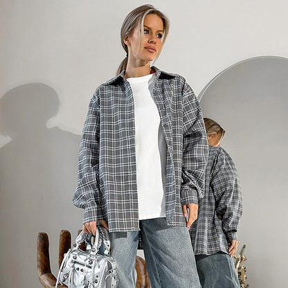 Grau Elegant Plaid Oversize Lose Kragen Frauen Hemd Frühling Frauen Kleidung