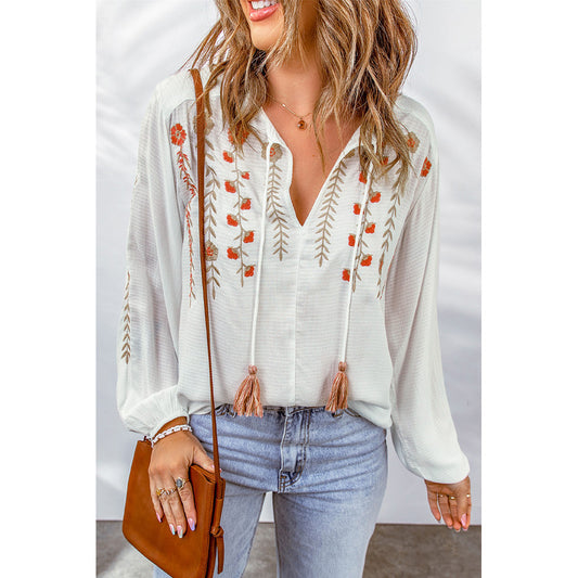 Floral Bestickt V hals Pullover Shirt Frauen Quaste Lace up Langarm Chiffon