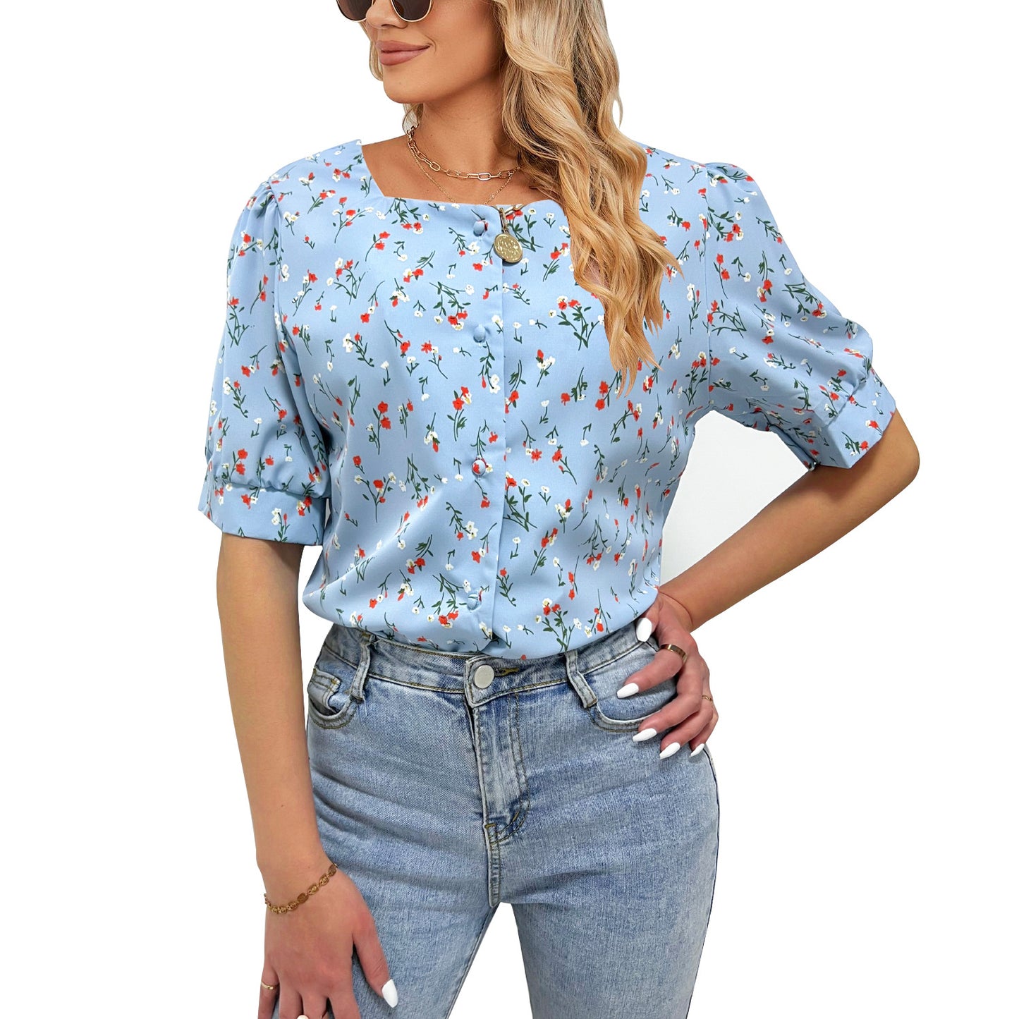 Women Summer Printed Single Breasted Short Sleeve Top