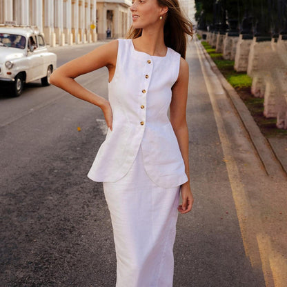 Chaleco sin mangas con cuello cuadrado blanco, falda de cintura alta, traje de alto sentido, ropa de mujer