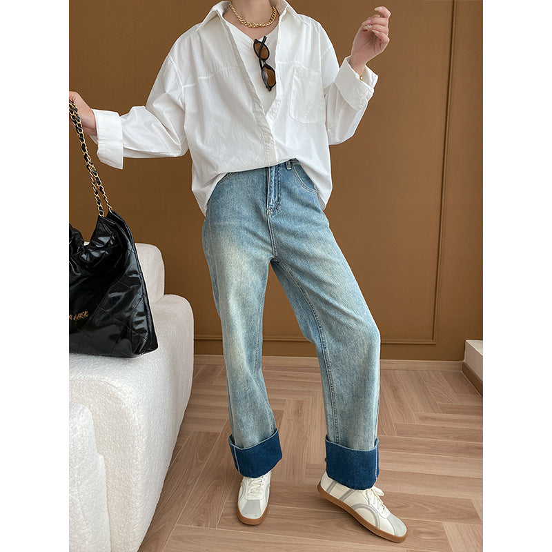 Oubo False Two Piece Patchwork Loose Shirt Early Autumn