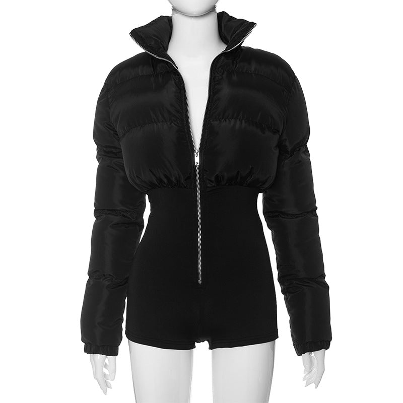 Mono ajustado elástico de una pieza acolchado de algodón sexy Chaqueta corta delgada de invierno