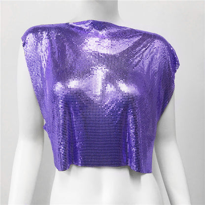 Women Clothing Spring Summer Sequined Metal Top Personality Hipster Punk Vest Music Festival Sequined T Shirt