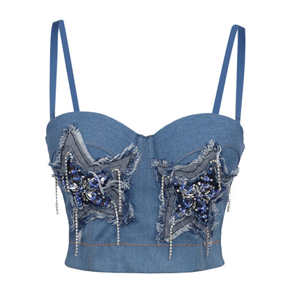 Stretch Denim Five Pointed Star Handmade Rhinestone Camisole Women Boning Corset Bra