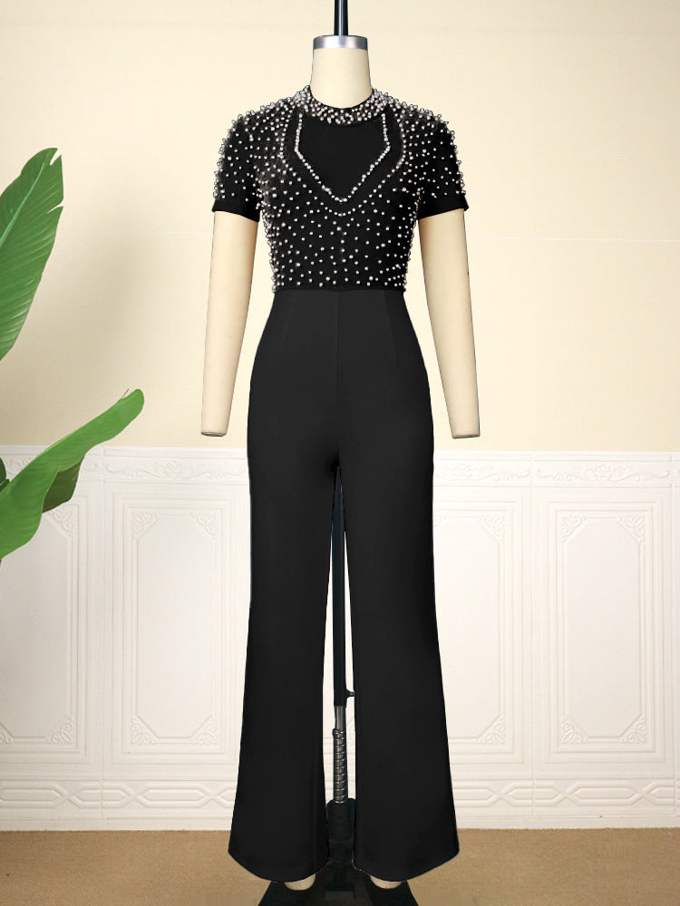 Round Neck Short Sleeve Beaded Jumpsuit Casual High Waist Slimming Party Dress Jumpsuit