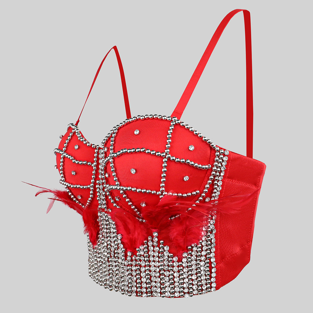 Sexy Handgemachte Strass Feder Nachtclub Bar Frauen Boning Korsett Bh Sling