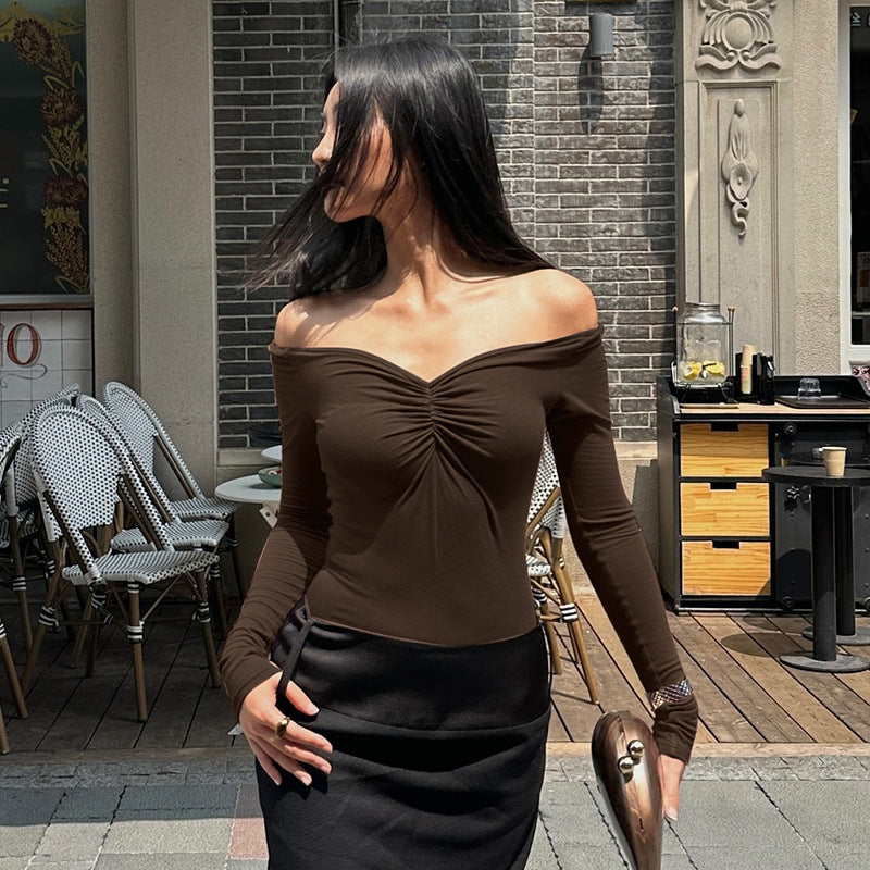 Ropa de mujer pura sexy otoño cuello alto ajustado plisado manga larga blusa inferior