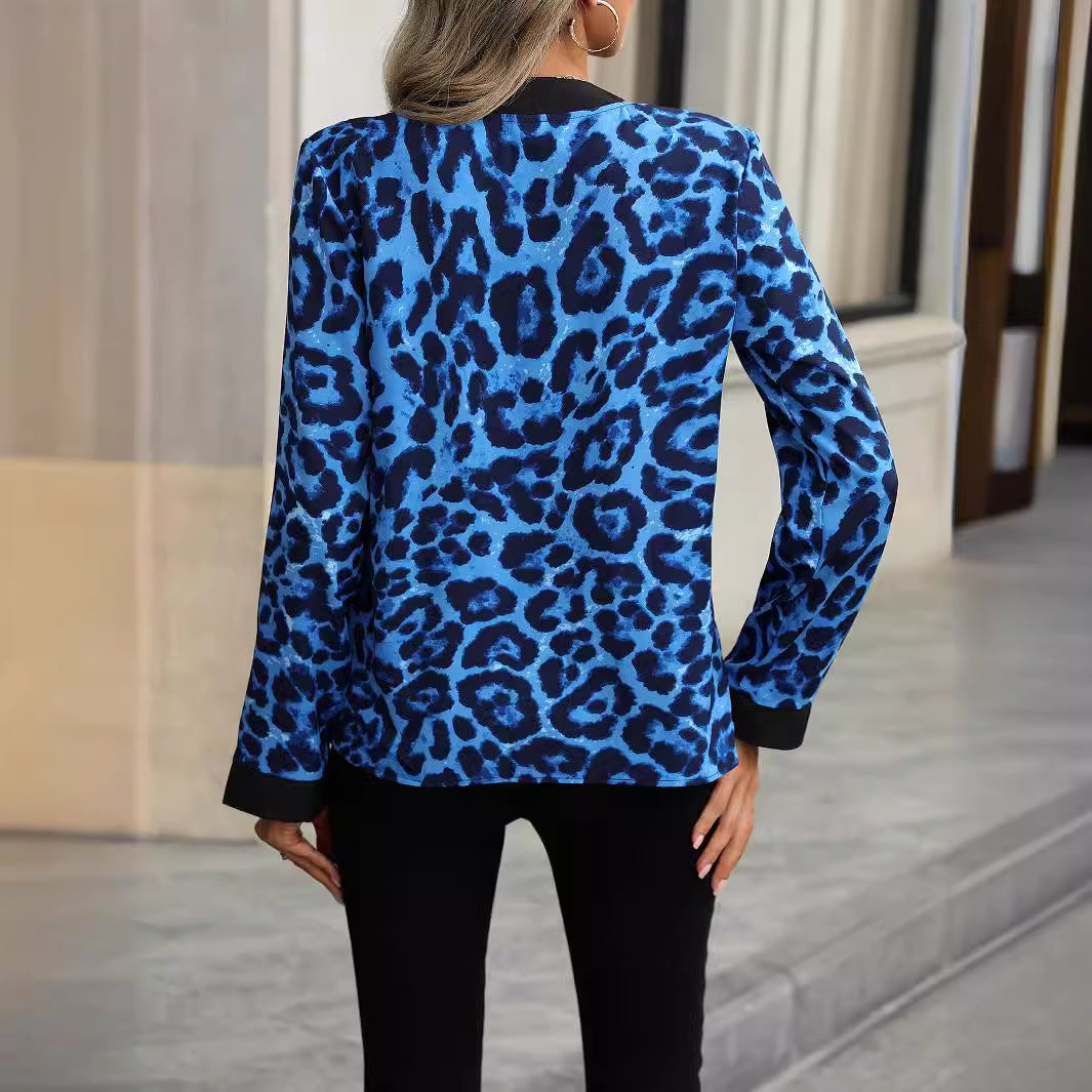 Women Clothing Spring Autumn V Neck Leopard Print Long Sleeve Women Shirt