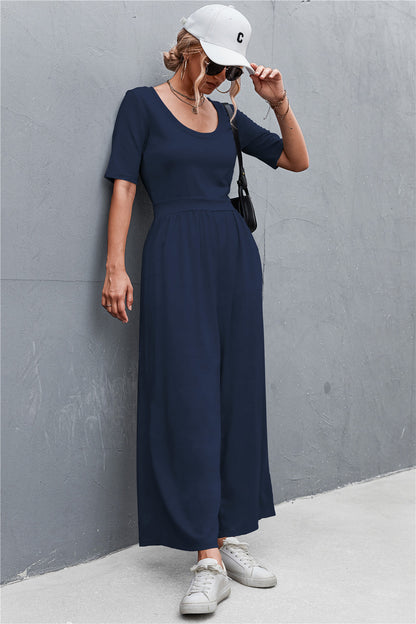 Spring Summer Short Sleeve U Collar Loose Wide Leg Jumpsuit