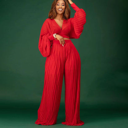 Long Sleeved V neck Top Wide Leg Pants Suit Pleated Wide Leg Pants Two Piece Suit