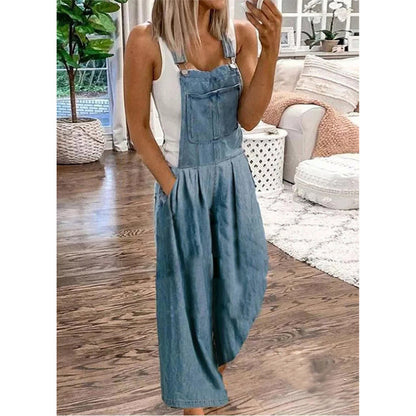 Frauen Denim Overall Sommer Büro Mittlere Taille Waschen Breite Bein Jeans Dünne Hosen Frauen