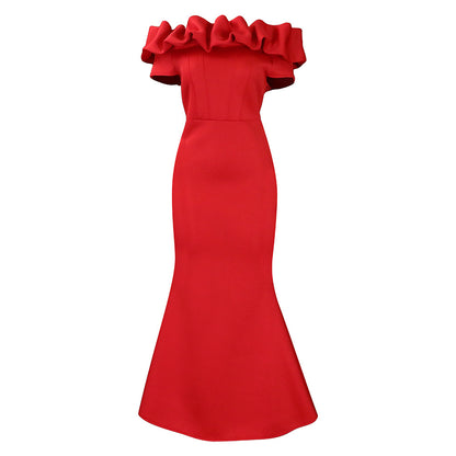 Women Wear Summer Solid Color off-Neck Fishtail Dress Maxi Dress Evening Dress