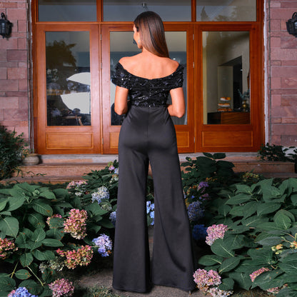 Women Off Shoulder Short Sleeve Slim Waist Slimming Elegant Jumpsuit Evening Dress Women