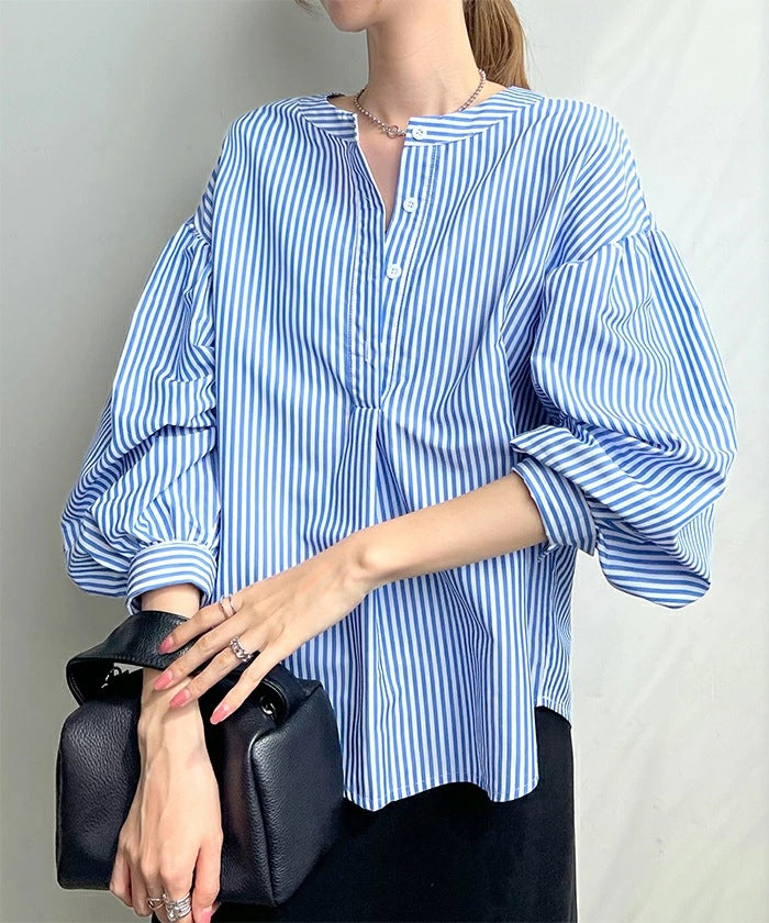 Women Shirt Summer Loose High Grade 7 Color Striped Lantern Sleeve Top Women