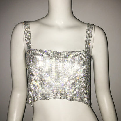 Ropa de mujer Metal diamante Sexy tirantes fiesta club nocturno dulce picante Fengshui diamante Top