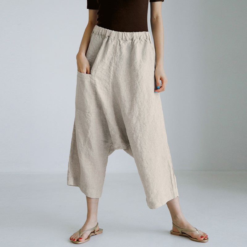 Spring Summer Artistic Texture Linen Cotton Cropped Wide Leg Pants Design Elastic Waist Pocket Loose Slimming Baggy Pants