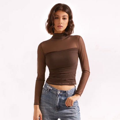 Ropa de mujer Top corto transparente sexy de manga larga con cuello alto y costuras de malla