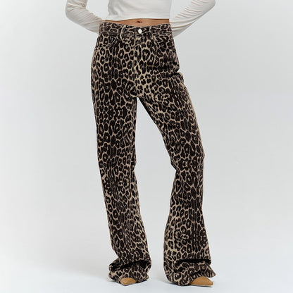 Summer Retro Street Loose Low Waist Leopard Print Trousers Cotton Wide Leg Pants Casual Pants Women