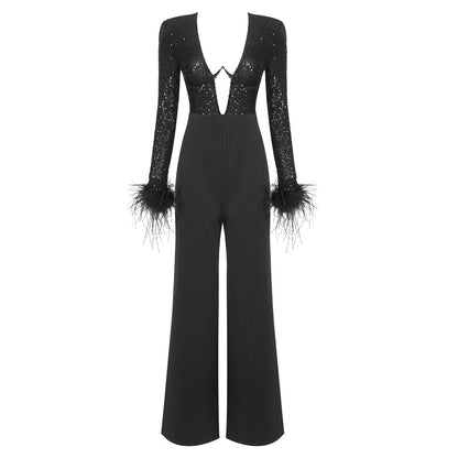 Women Clothing Spring Summer Black Long Sleeved Sequined Feather Jumpsuit Long Leg High Looking Jumpsuit