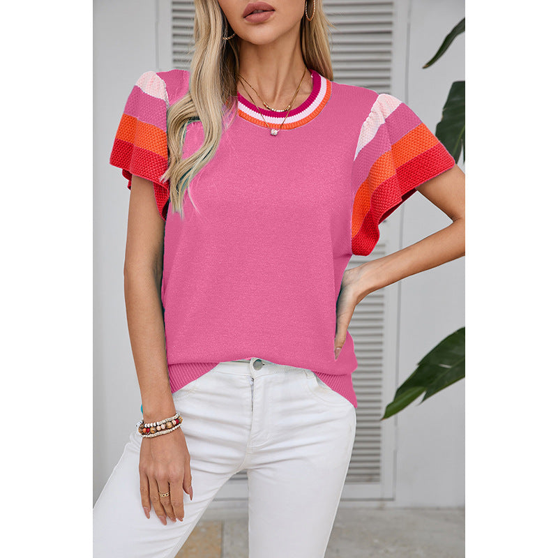 Spring Summer Pullover round Neck Knitted Top Women Loose Casual Sweater with Short Sleeves Women