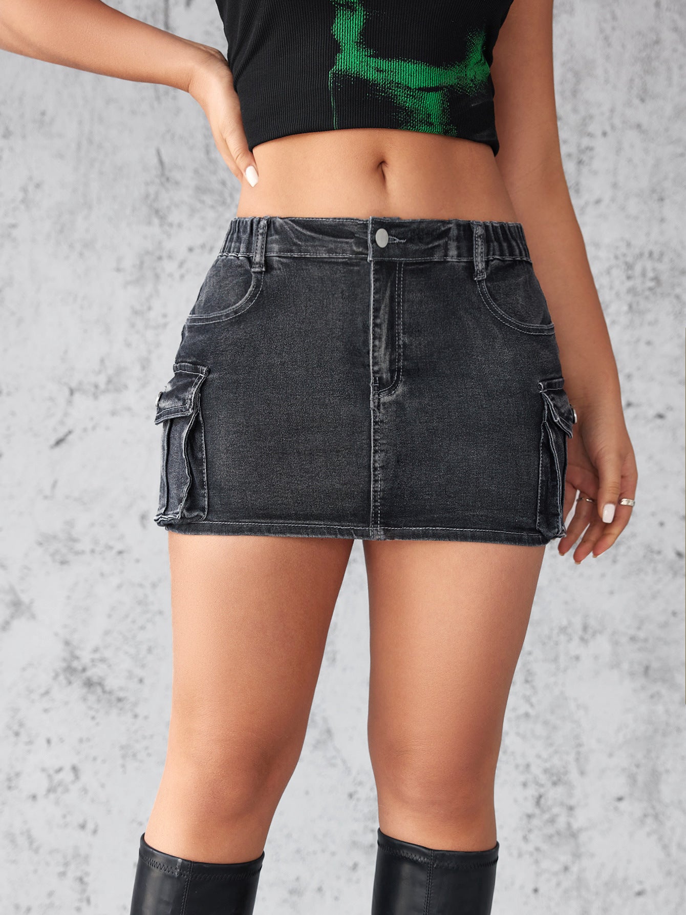 Denim Skirt Women Summer Retro Stretch Tight Cargo Pocket Hip Skirt