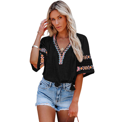 Spring Summer Women New Embroidered Loose Slimming Top Women Overseas