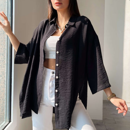 Shirt Women Loose Bell Sleeve Spring Summer Comfort Casual Solid Color Split Shirt