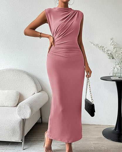 Women Clothing Shein Sleeveless Back Slit Pleated Tight Dress