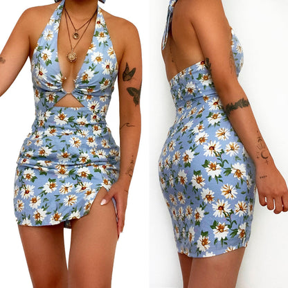 Summer Women Clothing Printed Sexy Halter Backless Dress Swimsuit