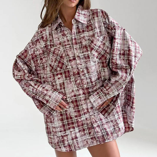 Polyester Cotton Collared Loose Long Sleeve Casual Plaid Shirt Autumn Winter Cardigan