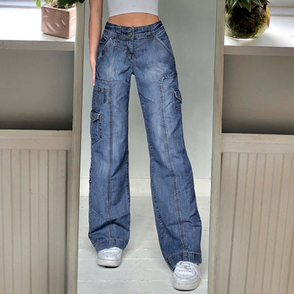 Damen Kleidung Multi Pocket Open Line Loose High Waist Denim Casual Straight Leg Hose Sommer