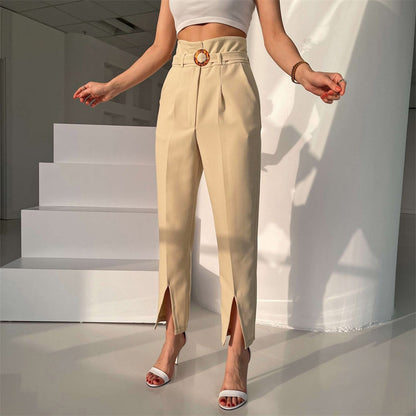 Summer Slim Leg Split Work Pant Cropped Pants Casual Women Pants Office Work Pant