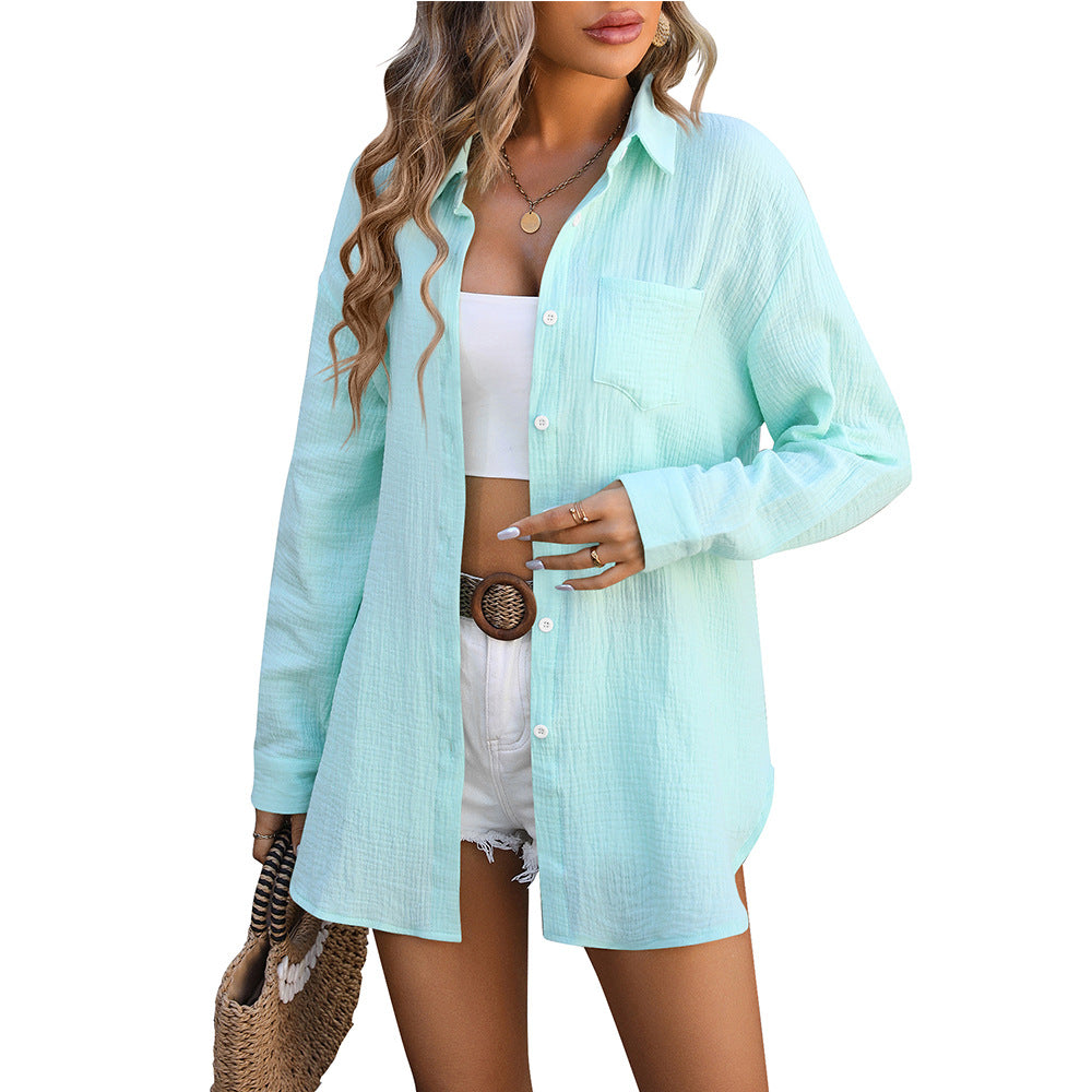 Women Clothing Spring Summer Beach Cover Up Double Layer Champray Casual Shirt