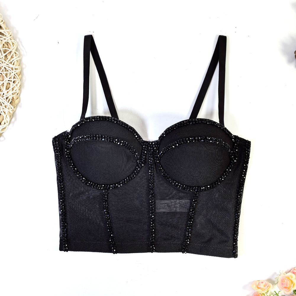 Sexy Beaded Mesh Bra Outer Wear Body Shaping Boning Corset Strap Crystal Tube Top