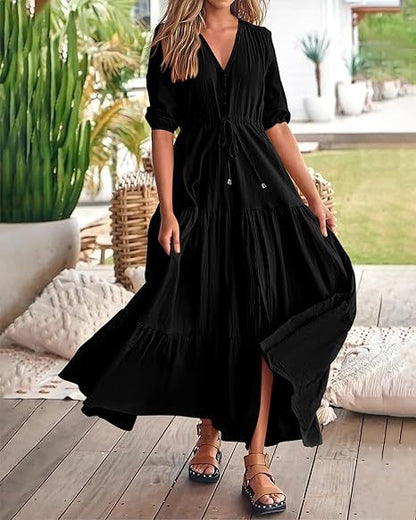 Women Clothing V neck Buttons Drawstring Slit Hemline at Hem Short Sleeve Dress