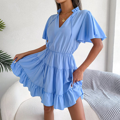 Spring Summer Flounced Ribbon Big Hem A- line Solid Color Dress Women Clothing