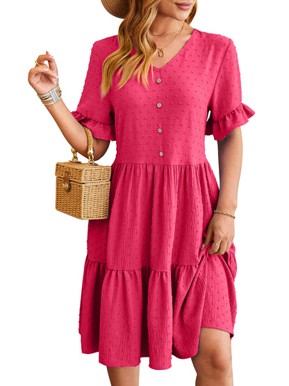 Women Clothing Spring Summer V neck Jacquard Waist Tight Five Quarter Sleeve Pleated Dress