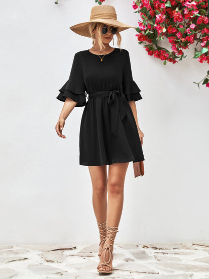 Popular Horn Ruffle Sleeve Solid Color Dress