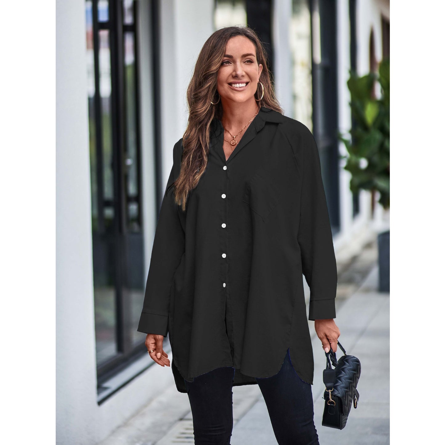 Women Clothing Solid Color Long Sleeve Back Button Shirt