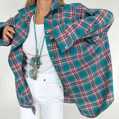 Frühlings-/Sommer-Street-Plaid-Shirt mit lockerer Passform und Kragen, langärmelig, für Damen