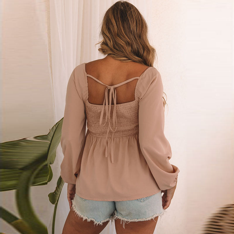 Sexy Loose V Neck Long Sleeved Shirt Women Autumn Solid Color Pleated Design Pullover Women